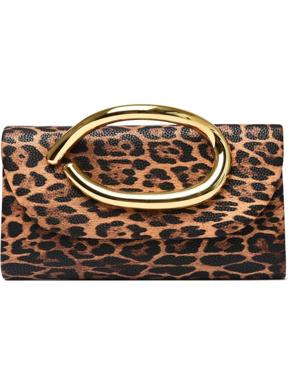 Women's Brown Leopard Vegan Leather Clutch Gold Handle Formal Evening Purse Bag